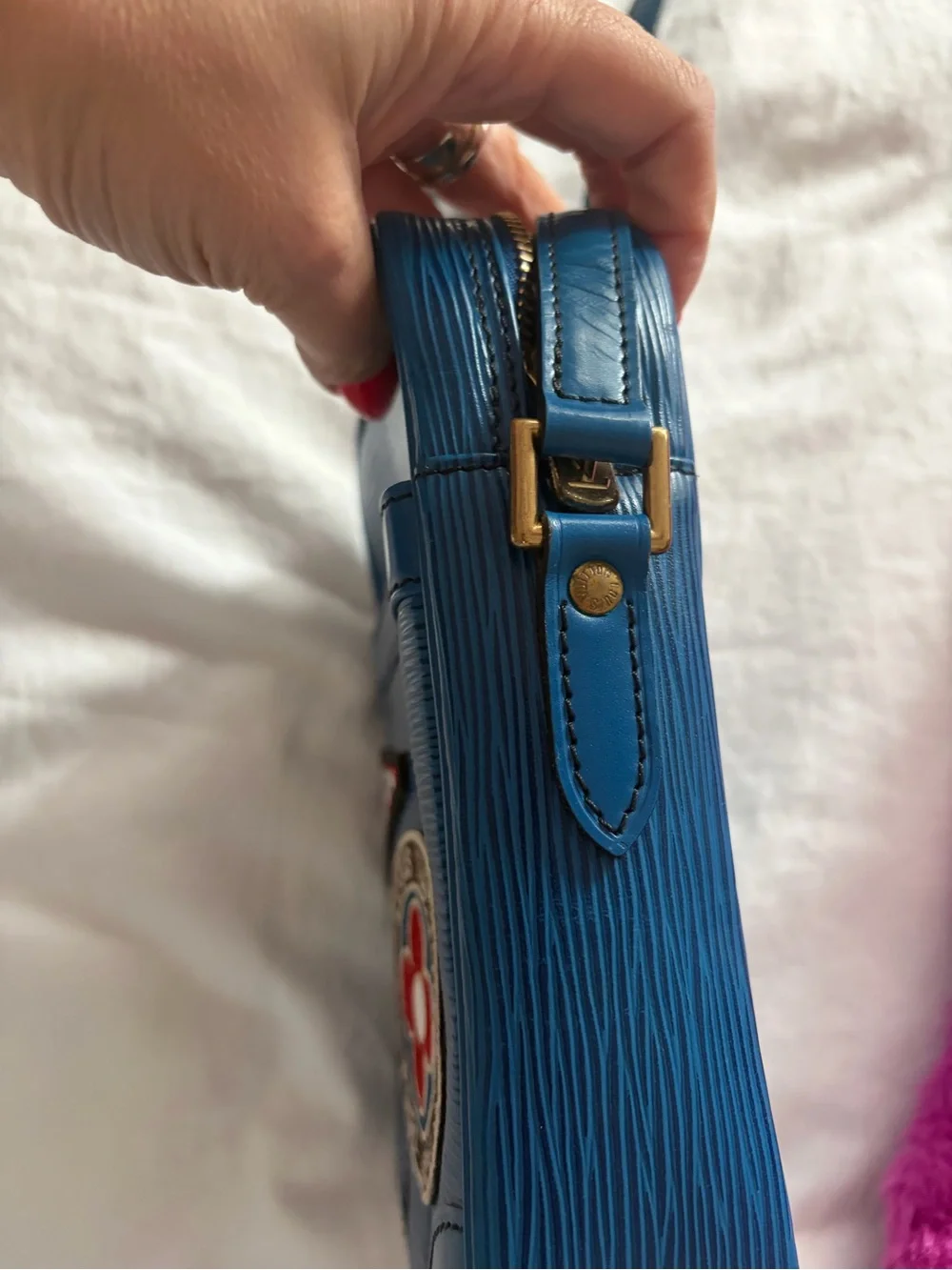 Louis Vuitton Blue Epi Leather crossbody Messenger Bag with Patch Accents